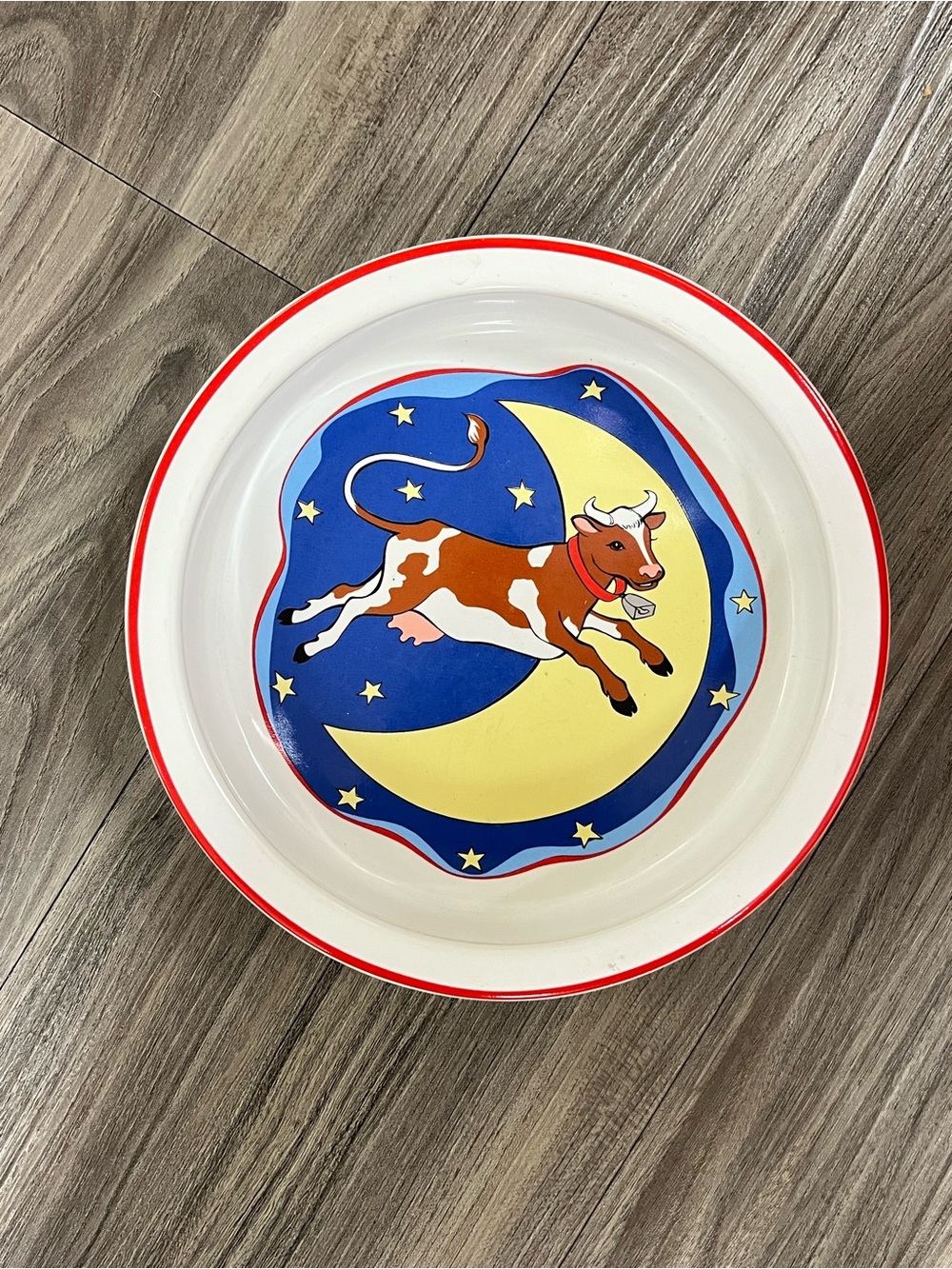 Vintage Tiffany & Co Ceramic kids bowl, red white blue, cow jumping over moon